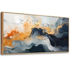 Abstract Wall Art 30x60inch Framed Marble Fluid Art with Gold Foil – Home Decor