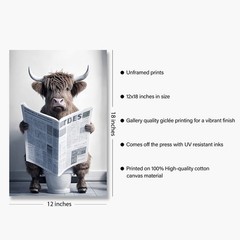Funny Highland Cow Wall Art Canvas Bathroom Picture, 18″L x 12″W, Multicolor