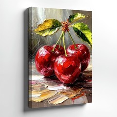 Wall Art Red Cherries Still Life Oil Painting Glossy Fruit Canvas Print Decor