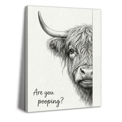Highland Cow Canvas Wall Art Funny Farmhouse Bathroom Decor, 16″ x 12″