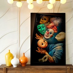 Canvas Surreal Mask Painting Clown Devil Skull Figure Framed Living Room Print
