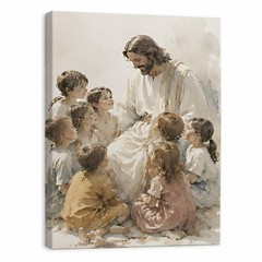 Jesus With Children Canvas Art Watercolor Style Christian Religious Decor Gift