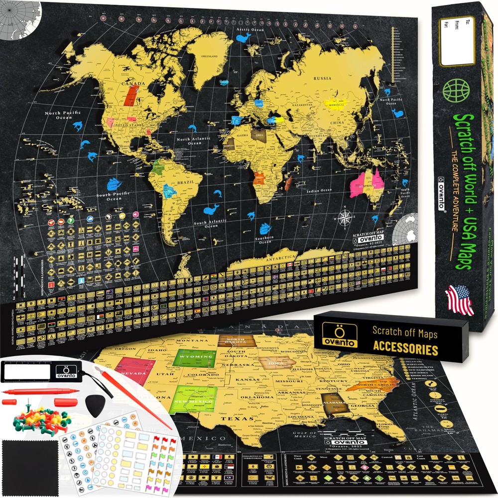 Scratch Off World Map + USA Map – 17×24” Wall Travel Posters with 196 Flags, …