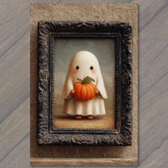 Art Print Adorable Halloween Ghost Child With Pumpkin Creepy Cute Style