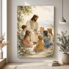 Jesus With Children Canvas Art Christian Religious Painting Sunlit Decor Gift