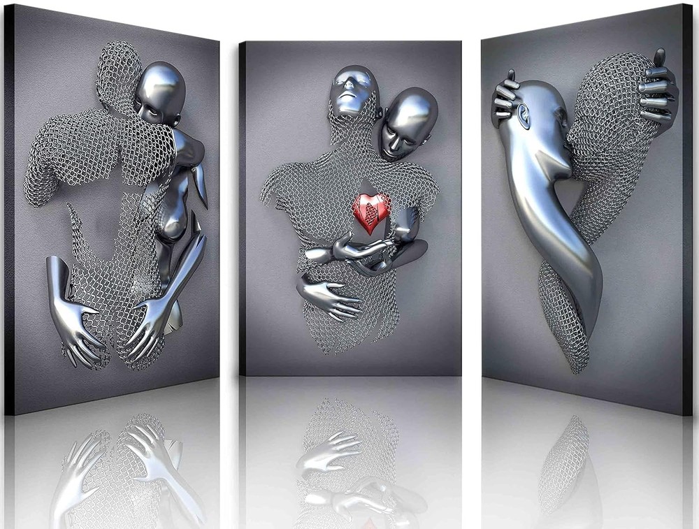 3D Metal Effect Framed Wall Art for Bedroom Love Heart Couple Decor