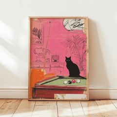 Retro Pink Cat Billiards Wall Art 24×36 Unframed Poster Family Gift