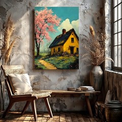 Wall Art Yellow Cottage Painting Pink Blossom Tree Landscape Rustic Home Decor