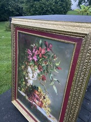 Di Giacomo Signed Gold Gilded Framed Art Print Angle With Flowers 30.5×24.5”