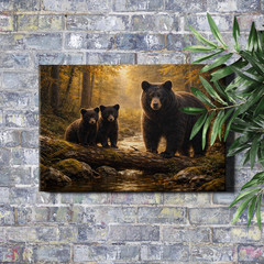 Black Bear Family Wall Art Rustic Forest Scene Adult Bear & Cubs Framed Print