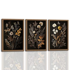 3Pcs Vintage Black Flower Wall Art – Moody Botanical Canvas Prints 12x16in