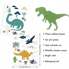 6Pcs Dinosaur Nursery Wall Decor, Cartoon Dinosaur Room Decor 8×10 in Unframed