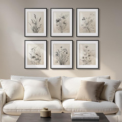 Framed Boho Vintage Botanical Wall Art, Set of 6 Black and White Floral Canvas P