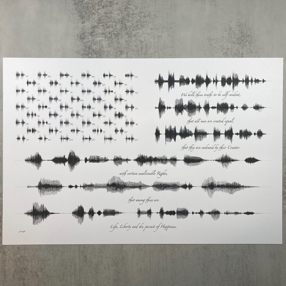 US Declaration Soundwave Flag Wall Art Print 12 x 18 in Black White 1776 Modern