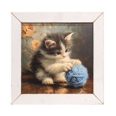 NEW PRIMITIVE Farmhouse KITTEN YARN Print 13.5″ x 13.5″ Framed Cottage Chic