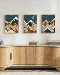 Morden Mountains Framed Wall Art Boho Woodcut Pine Tree Forest Nature Landsca…