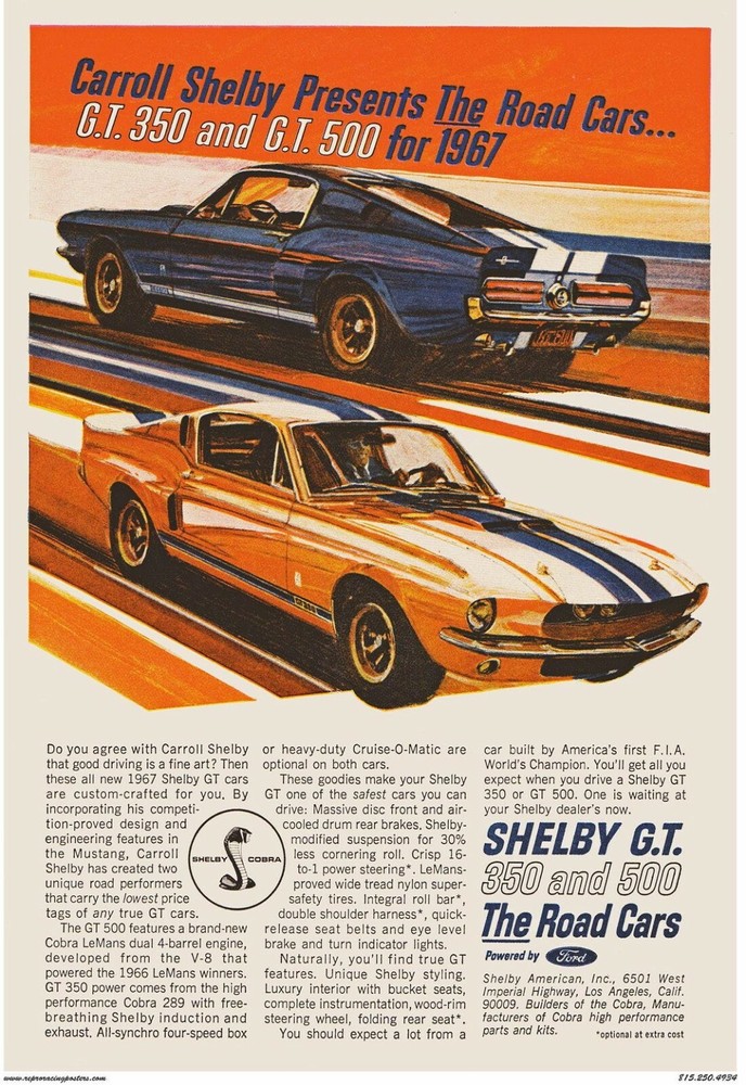 1967 mustang GT 350 and 500 24 X 36 INCH POSTER, classic, muscle car, mopar