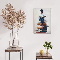 African American Books Wall Art Black Girl Painting Vintage Woman Reading Boo…