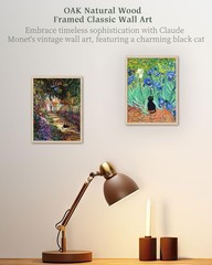 Natural OAK Wood Unique Framed Wall Art, 12x16in Claude Monet Garden Cat Funn…