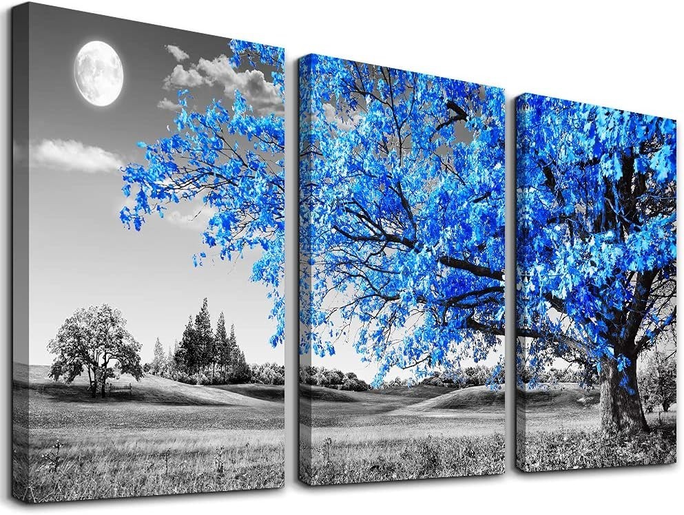 Black White Blue Tree Moon Canvas Wall Art – 3 Piece Set for Living Room Decor