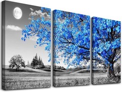Black White Blue Tree Moon Canvas Wall Art – 3 Piece Set for Living Room Decor