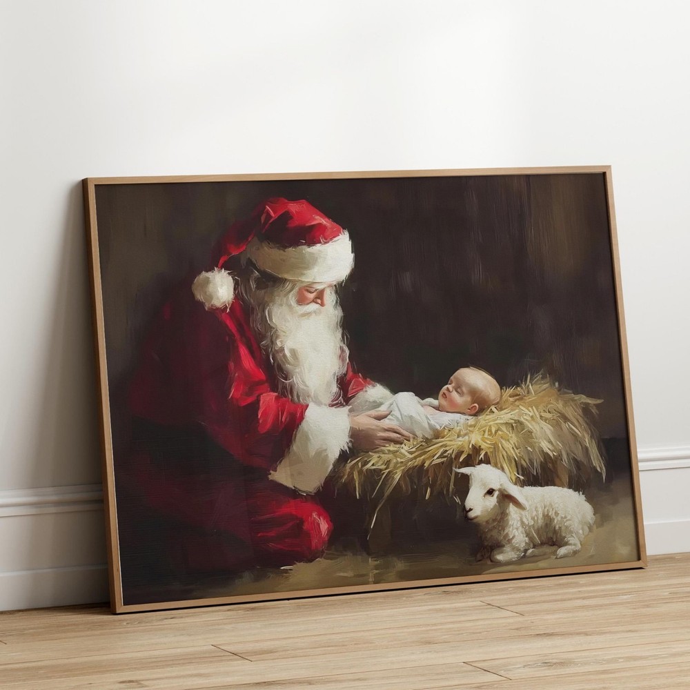 Santa Kneeling Nativity Scene Canvas Art | Christian Christmas Wall Decor