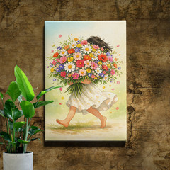 Frameless Canvas Wall Art Girl Holding Flowers HD Print Home Office Holiday Gift
