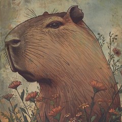 Retro CAPYBARA FLOWER Wall Art, Botanical Floral Wildlife Rodent Nature Poster