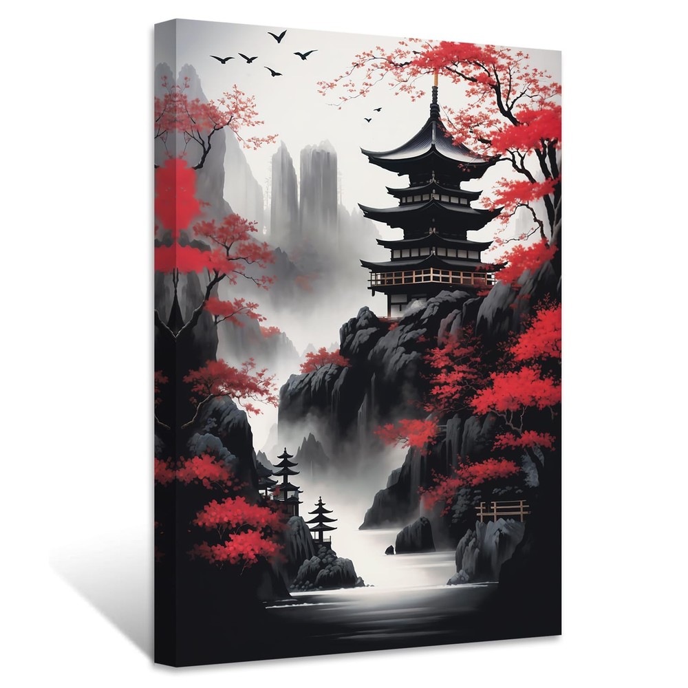 Japanese Canvas Wall Art Red and Black Cherry Trees Pagoda Painting Japanese …