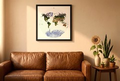 World Map, Van der Grinten Projection World Map, Framed World Relief Map