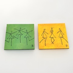 “Dancers” Green & Yellow 12×12 Gallery Wrapped Frameless Wooden Wall Art Set(2)