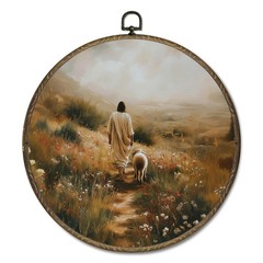 Christian Jesus and Lamb Round Wall Art Decor, Good Shepherd Sheep Wall Art H…