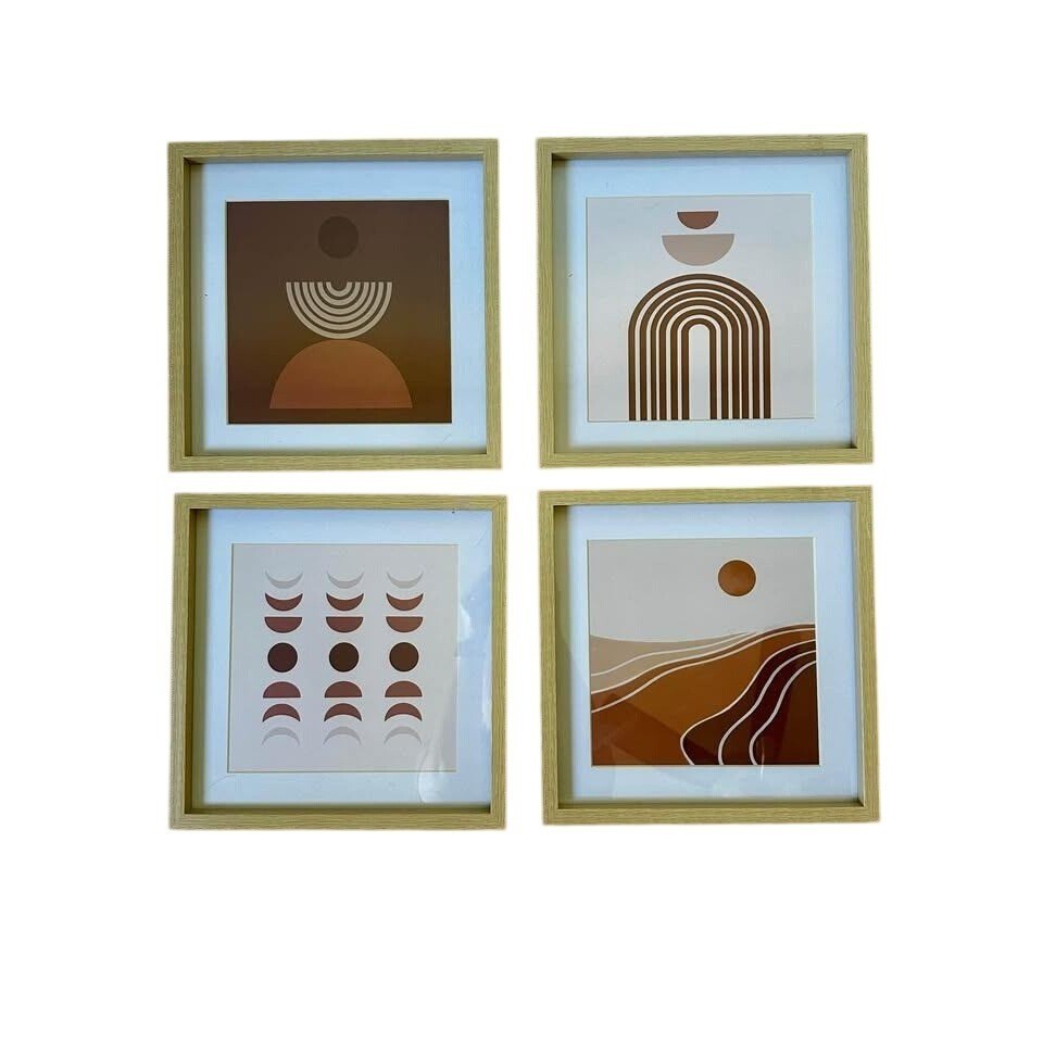 Set of 4 Boho Abstract Framed Wall Art Print Terracotta Earth Tones Square Decor