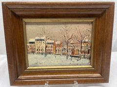 Vintage Impressionist City Art Print Painting Framed Buildings Trees Winter 5×7