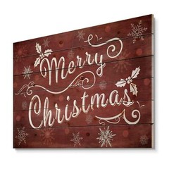 Merry Christmas Season Greetings on Red Print on Natural Pine Wood – Red Decor