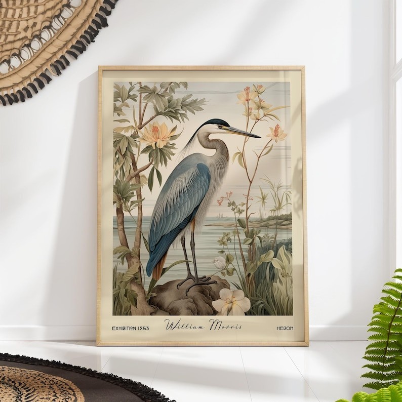 William Morris Heron Poster, Vintage Botanical Wildlife Wall Art Decor