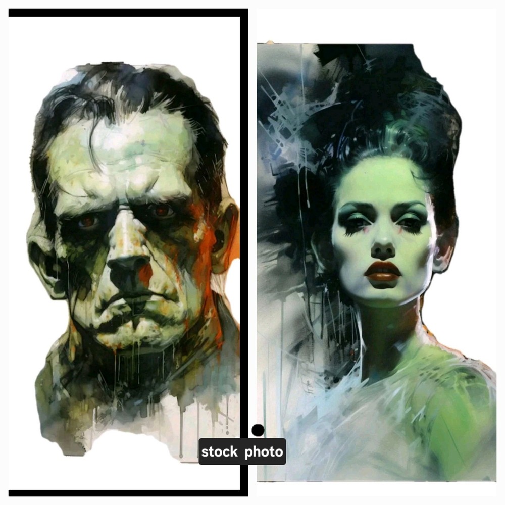Frankenstein, Bride Of Frankenstein, Watercolor, CANVAS PRINT, WALL ART, Pair,