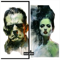 Frankenstein, Bride Of Frankenstein, Watercolor, CANVAS PRINT, WALL ART, Pair,