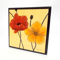 Carol Robinson Poppies 2 Square Wall Plaque Set Orange Yellow Flowers