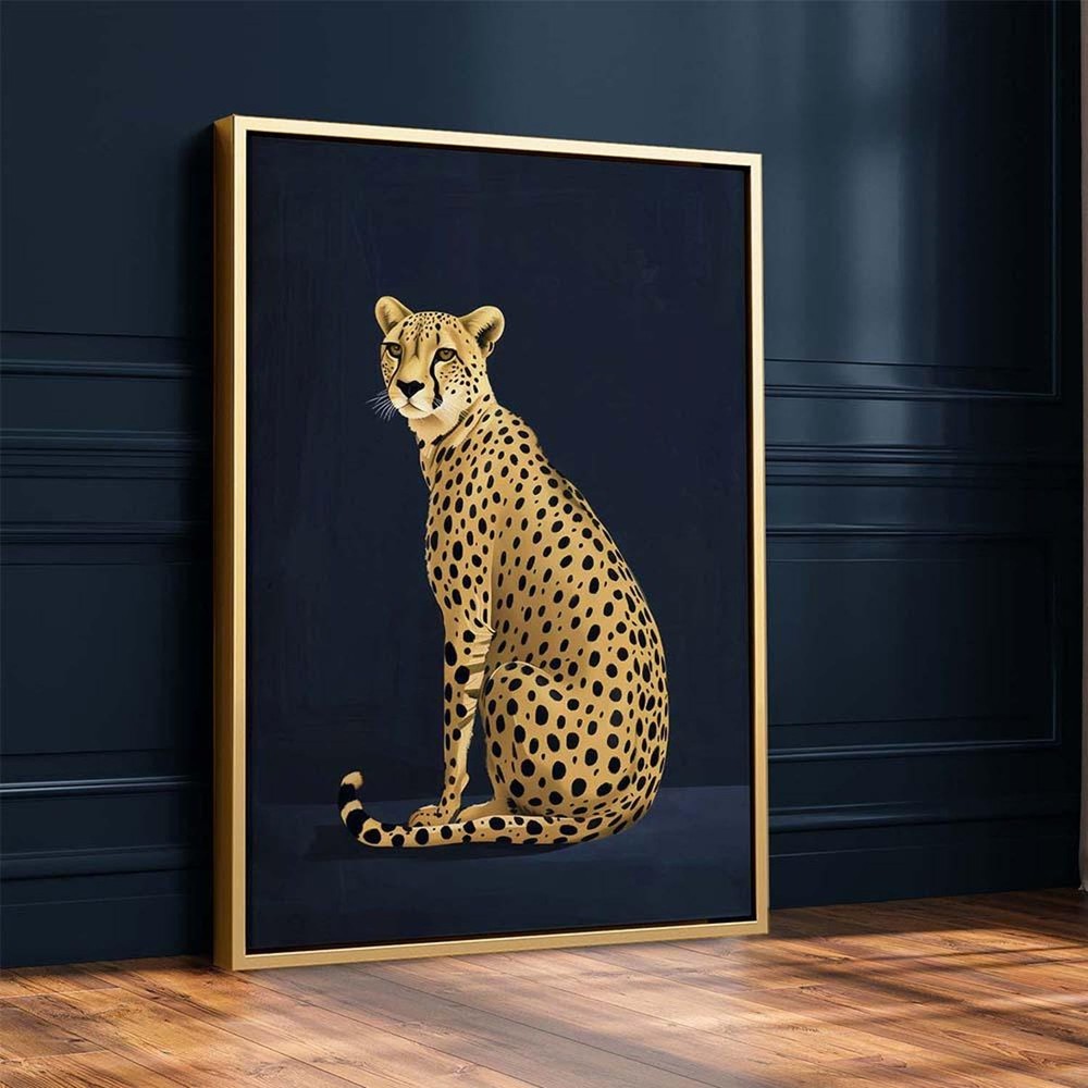 Yellow Cheetah Poster | Vintage Style Animal Wall Art on Dark Blue