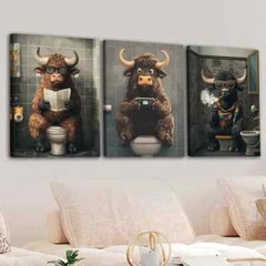 3pcs Highland Cows Smoke Game Grey Blue Golden Wall Art Canvas Unframed/Framed
