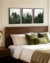 Green Fog Pine Tree Framed Wall Art Nature Nordic Forests Artwork Morden Pain…