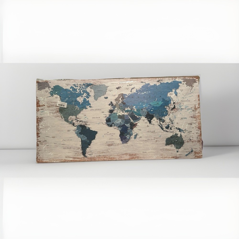 Teal Blue World Map Canvas Wall Art Framed Decor 24×48 for Home