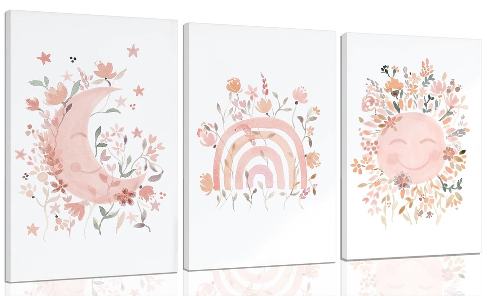 3Pcs Framed Pink Wildflower Wall Art Sun Moon Canvas Posters Prints Bohemia p…
