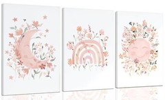 3Pcs Framed Pink Wildflower Wall Art Sun Moon Canvas Posters Prints Bohemia p…