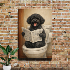 Funny Poodle Reading Newspaper on Toilet Black White Framed Canvas Art