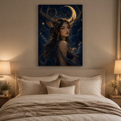 Celestial Deer Girl Canvas Wall Art Moon Goddess Fantasy Portrait Navy Gold Wall
