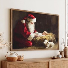 Santa Kneeling Nativity Scene Canvas Art | Christian Christmas Wall Decor