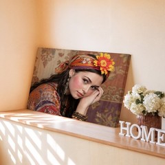 Bohemian Woman Portrait Canvas Wall Art Colorful Headscarf Floral Print Decor