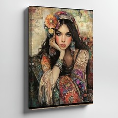 Bohemian Ethnic Woman Portrait Canvas Wall Art Colorful Decorative Print